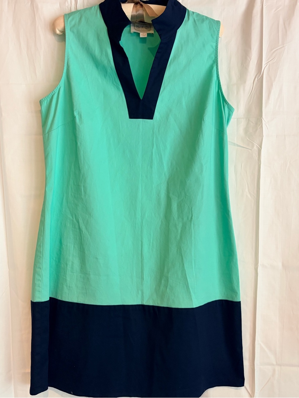 Sail to Sable Mint Sleeveless Shift Dress with Navy Trim